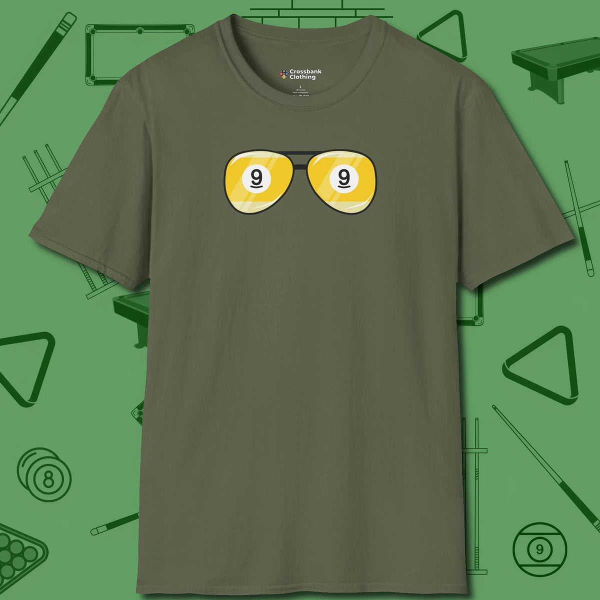 Nine Ball Shades T-Shirt, front view, in Military Green a clean fit for the dirtiest safeties