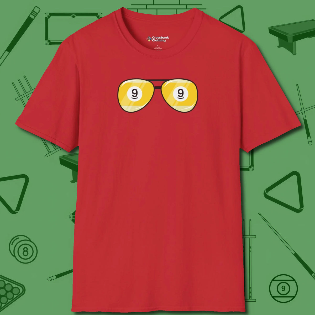 Nine Ball Shades T-Shirt, front view, in Red play in style, win in silence