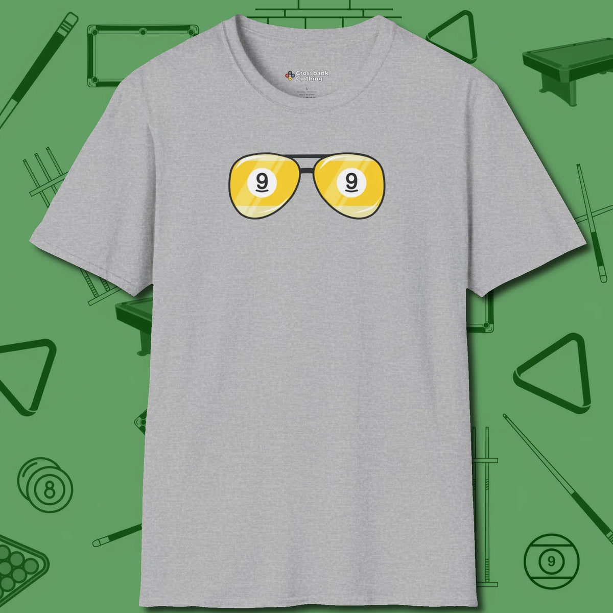 Nine Ball Shades T-Shirt, front view, in Sport Grey fashion with break-and-run energy