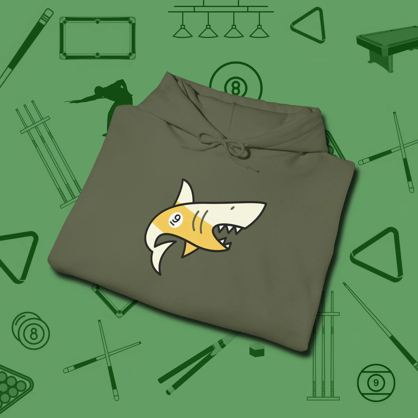 Nine Ball Shark Hoodie, folded view, in Military Green cool enough for a corner pocket finish