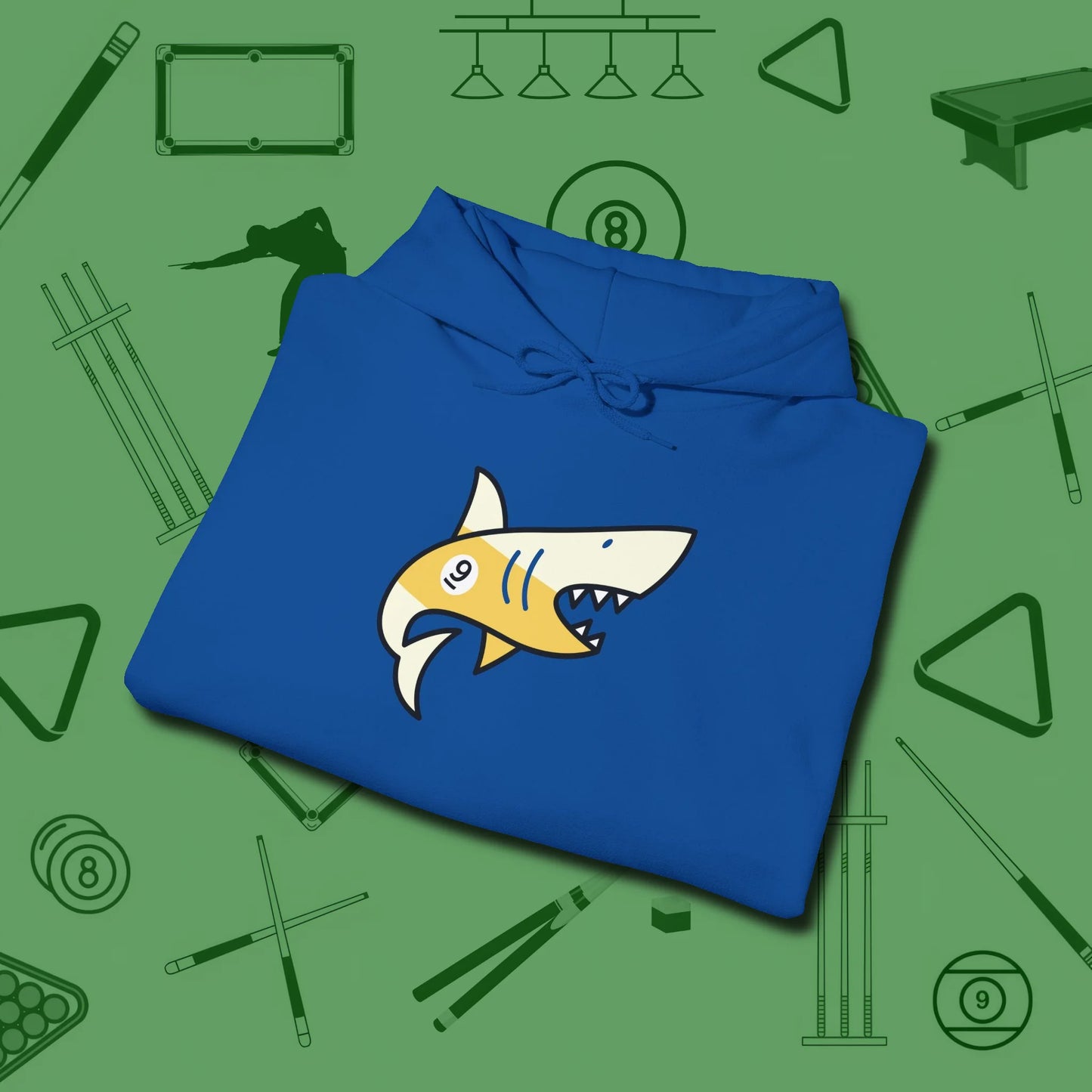 Nine Ball Shark Hoodie, folded view, in Royal cue sports swagger done right
