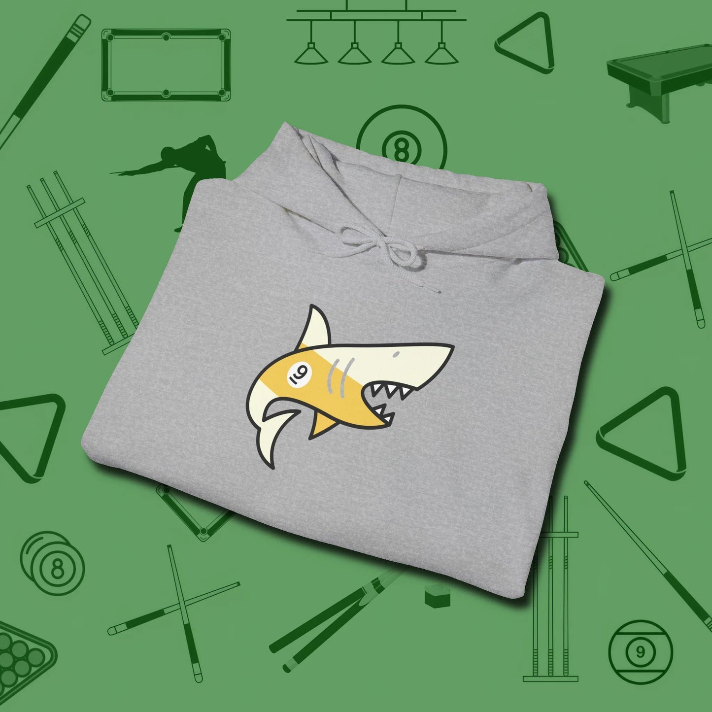 Nine Ball Shark Hoodie, folded view, in Sport Grey what the real shooters wear