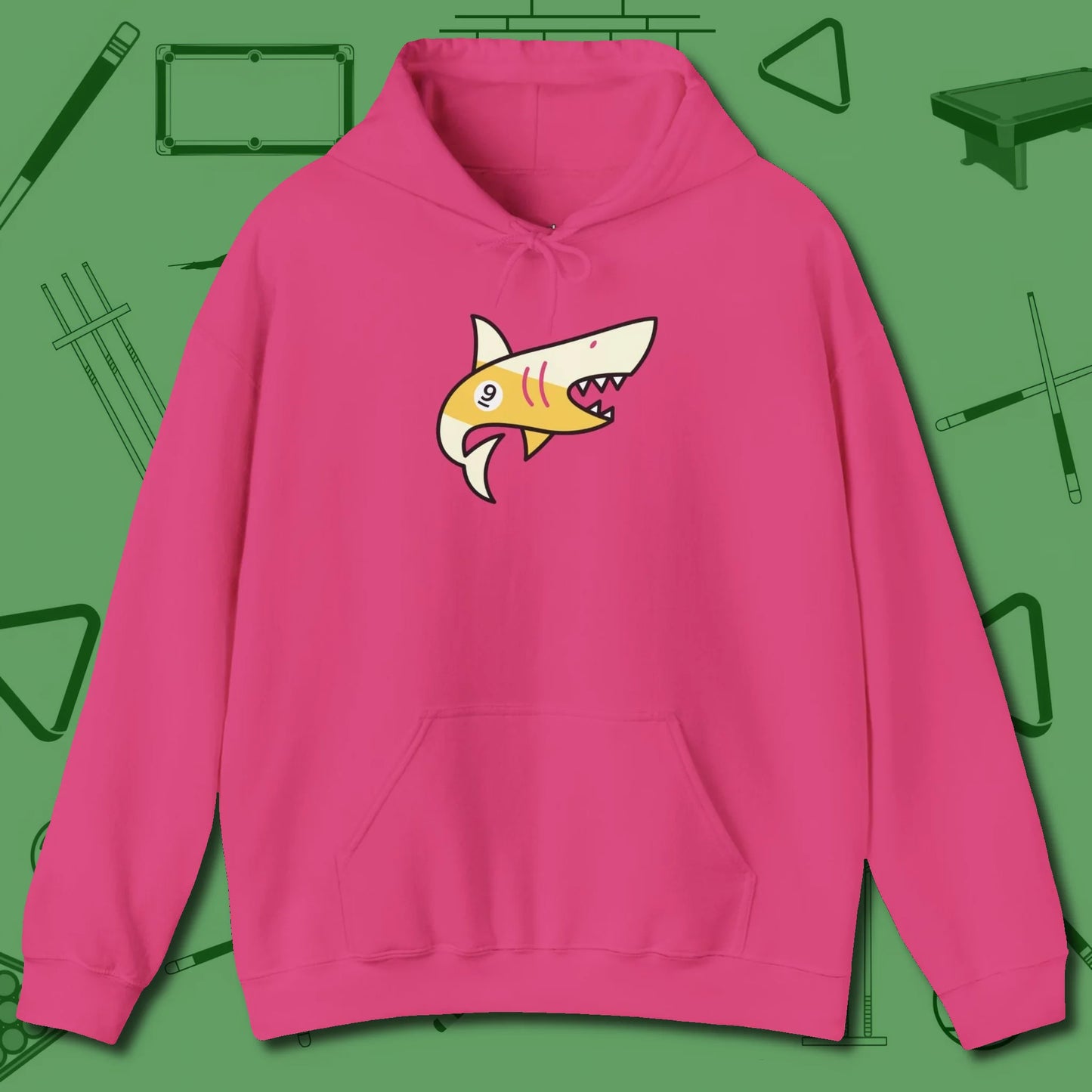Nine Ball Shark Hoodie, front view, in Heliconia perfect for players with quiet fire