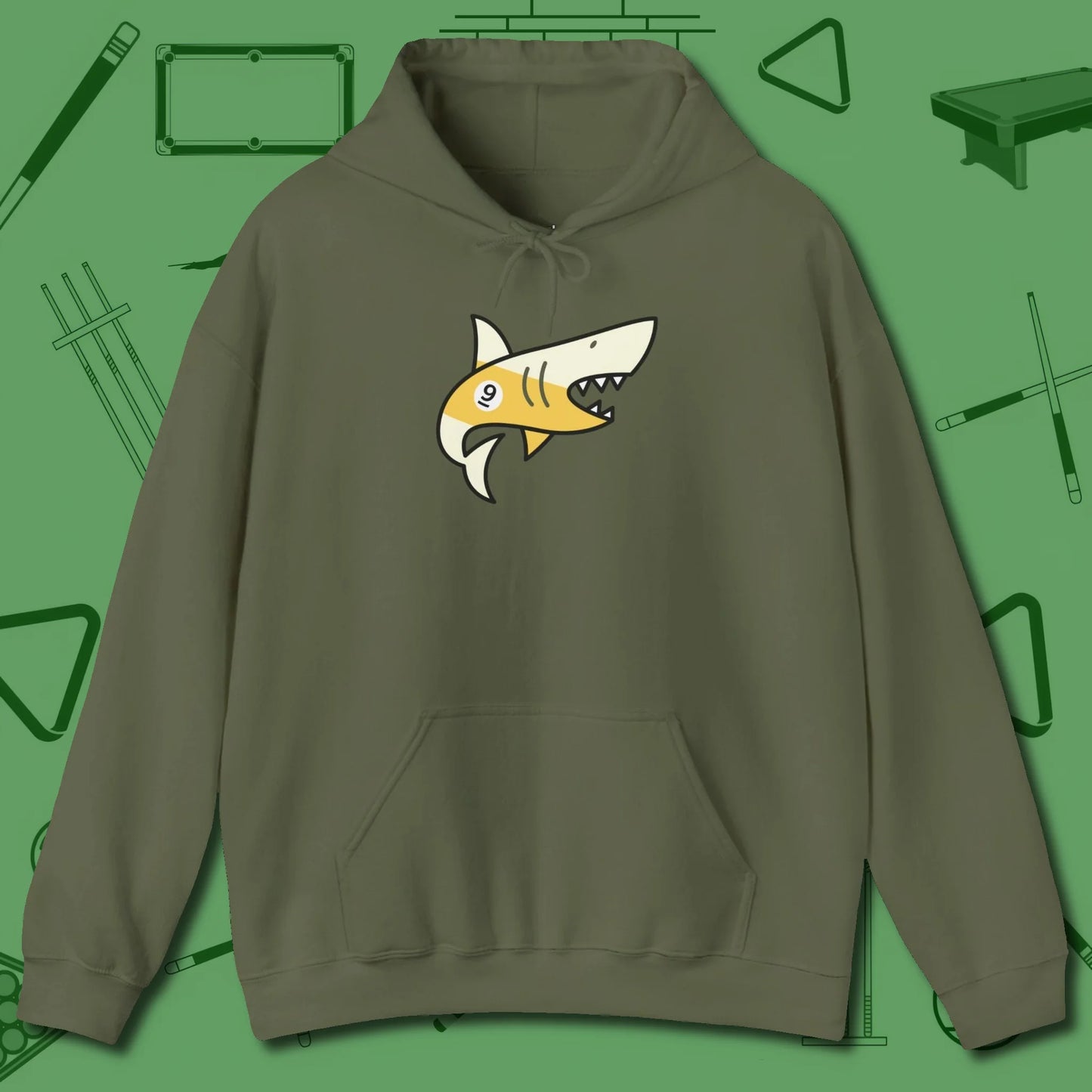 Nine Ball Shark Hoodie, front view, in Military Green styled to dominate from rack to run-out