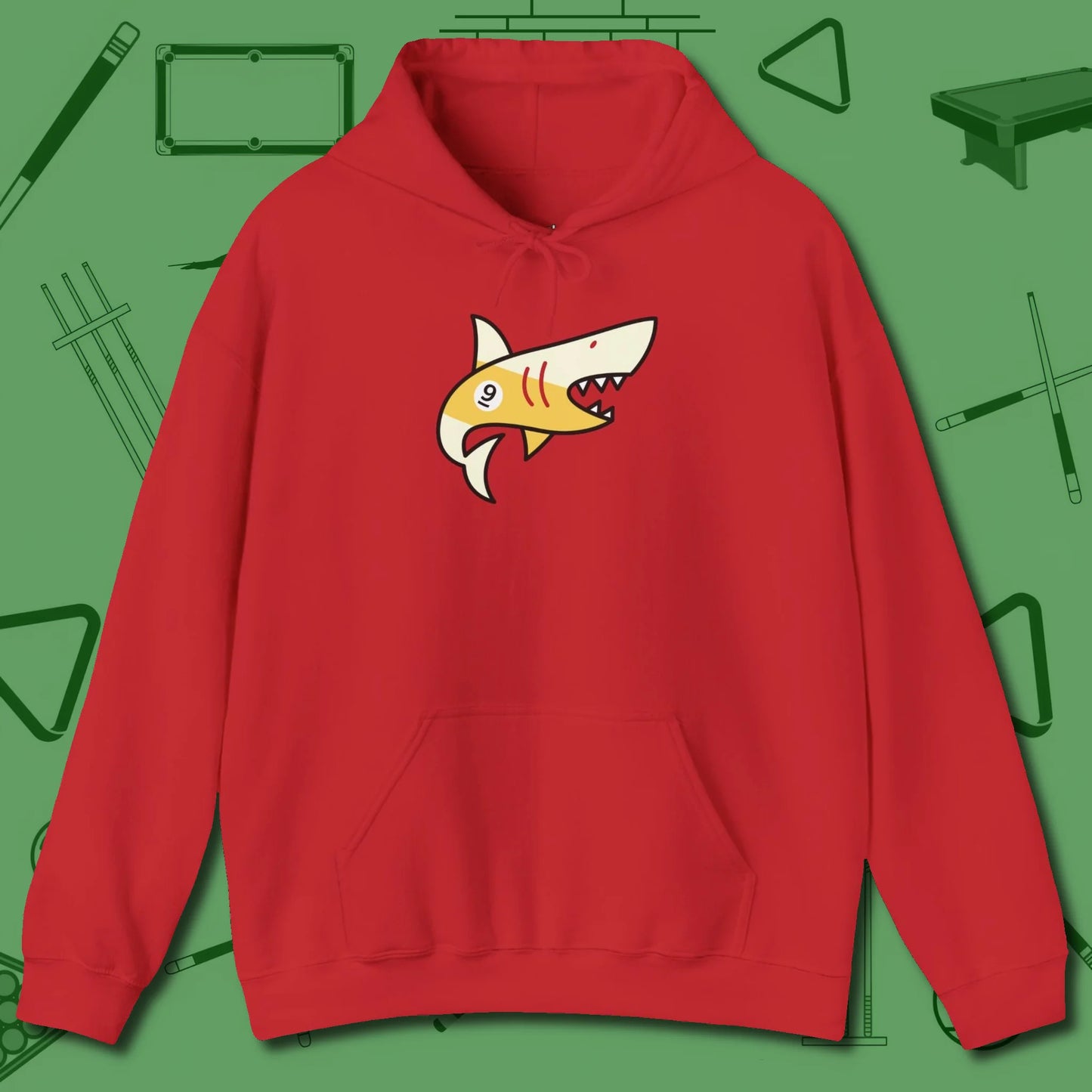 Nine Ball Shark Hoodie, front view, in Red styled to dominate from rack to run-out