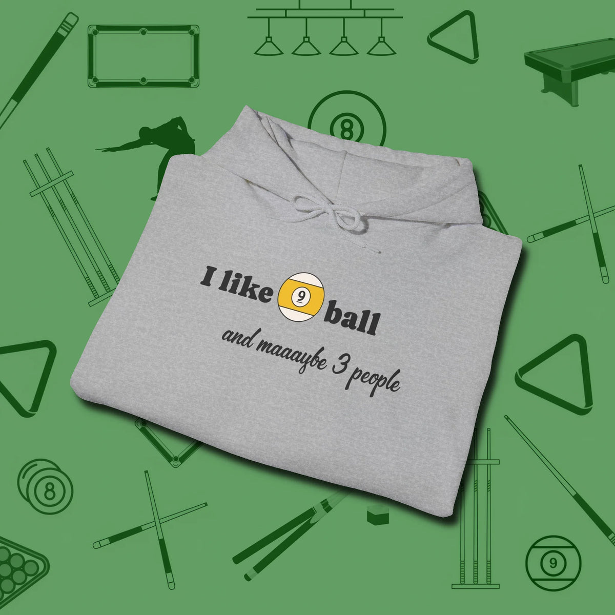 Nine Ball and 3 People Hoodie, folded view, in Sport Grey because you don’t just play — you represent