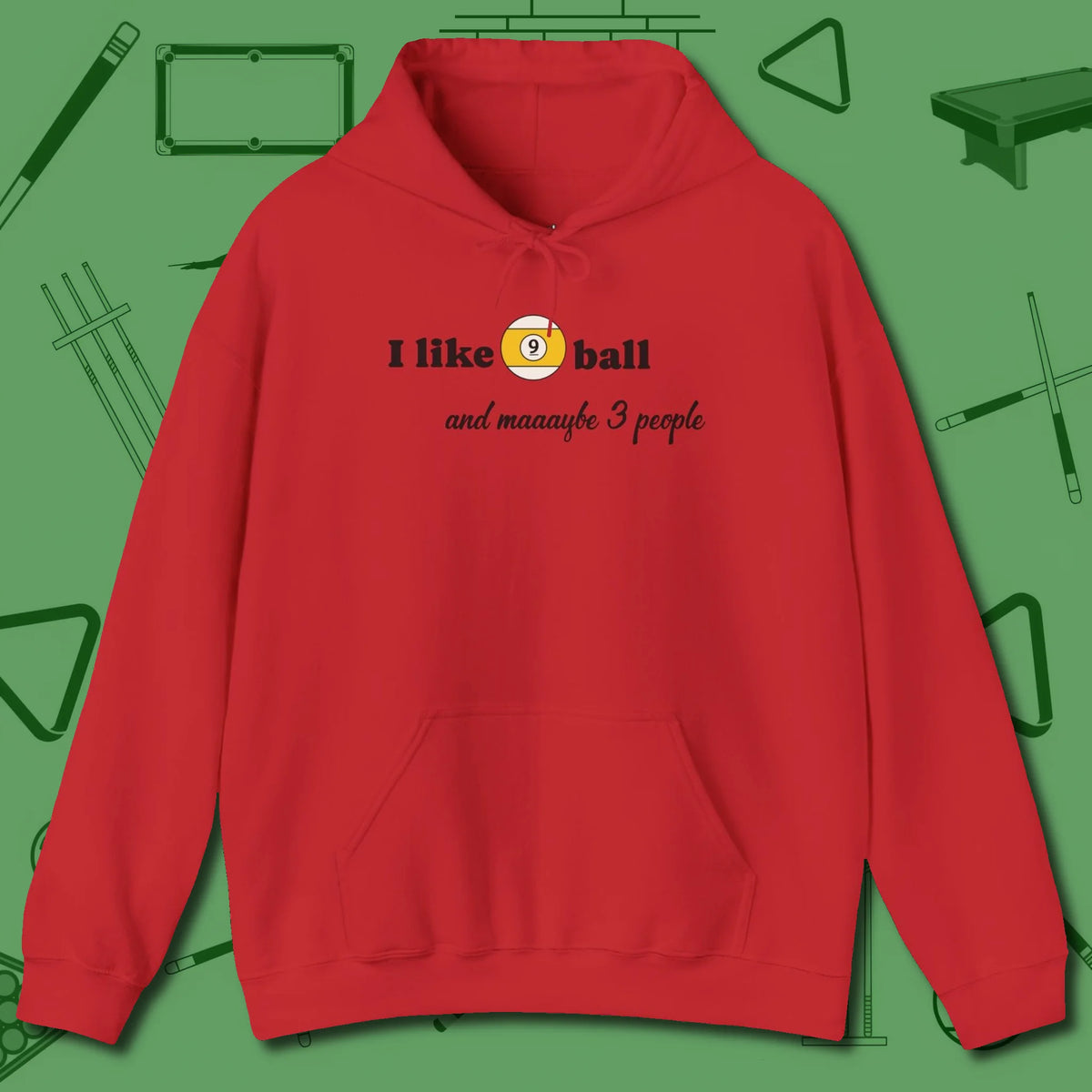 Nine Ball and 3 People Hoodie, front view, in Red it’s not a hobby — it’s a lifestyle
