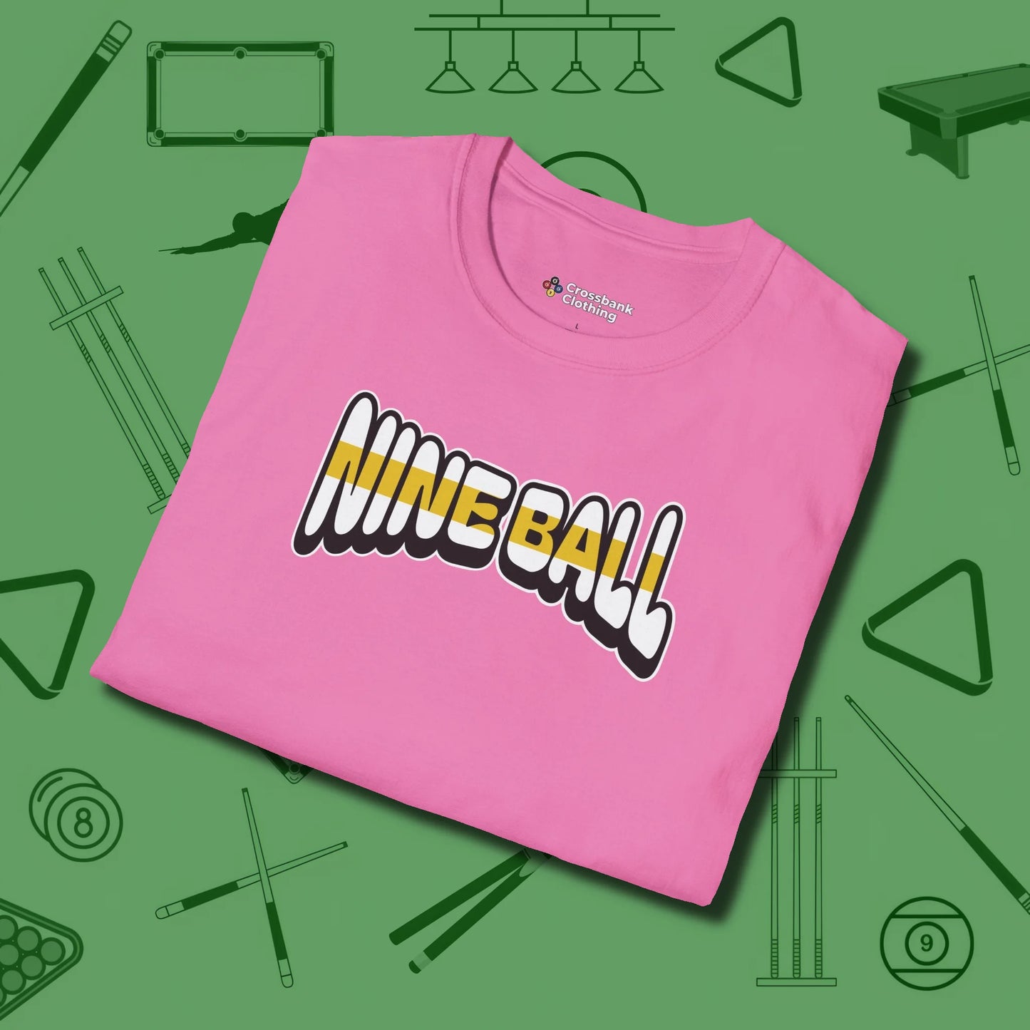 Nine Ball Letters T-Shirt, folded view, in Azalea an extension of your pool persona