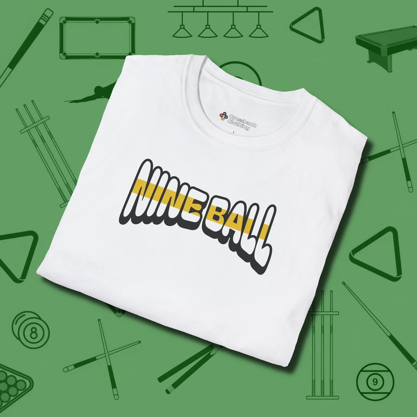 Nine Ball Letters T-Shirt, folded view, in White play in style, win in silence