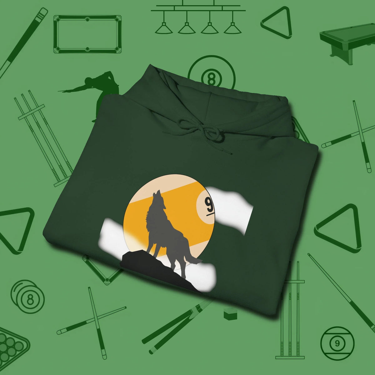Nine Ball Wolf Hoodie, folded view, in Forest Green break, run out, turn heads — repeat