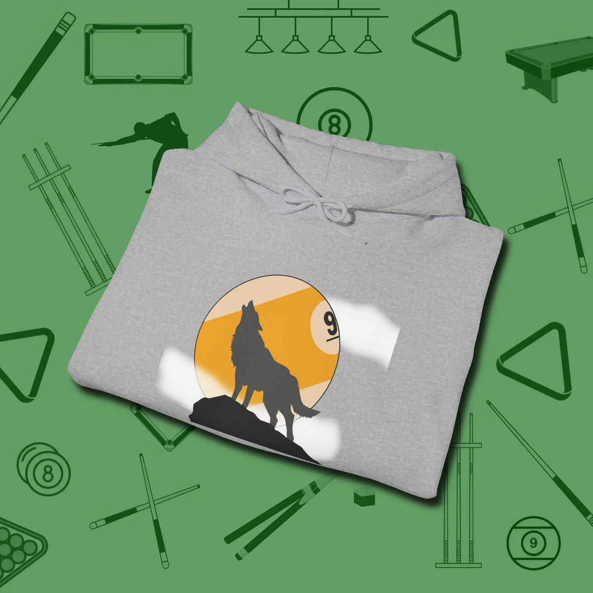 Nine Ball Wolf Hoodie, folded view, in Sport Grey not your average 8-ball graphic tee