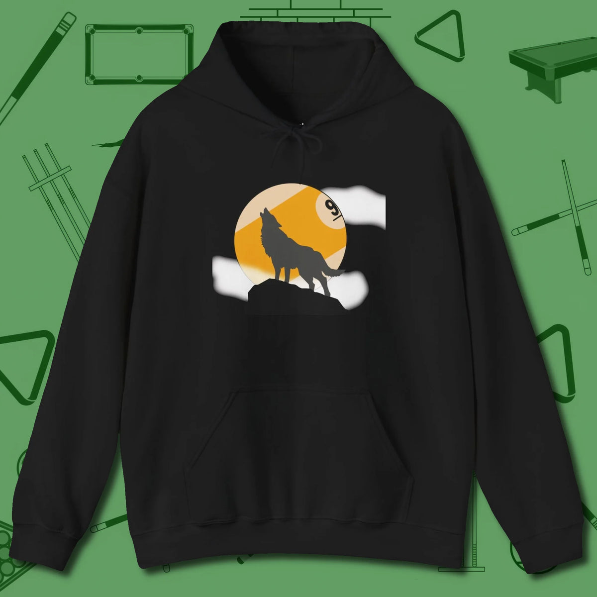 Nine Ball Wolf Hoodie, front view, in Black strike fear with swagger and precision