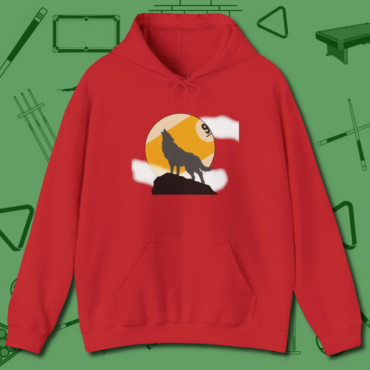 Nine Ball Wolf Hoodie, front view, in Red an extension of your pool persona
