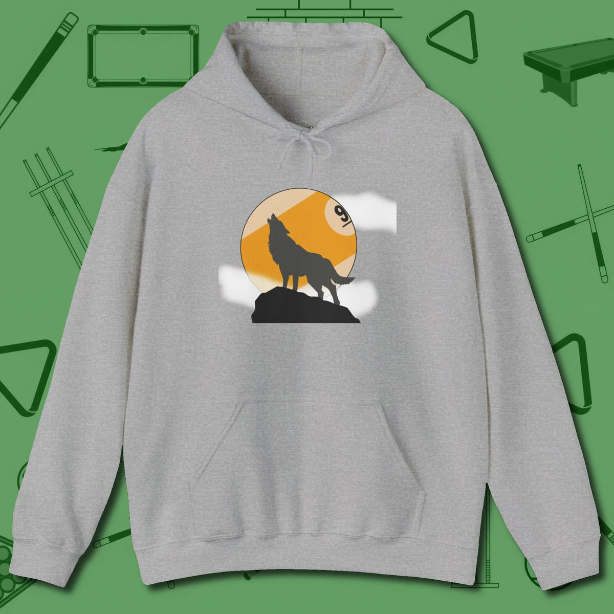 Nine Ball Wolf Hoodie, front view, in Sport Grey it’s not a hobby — it’s a lifestyle