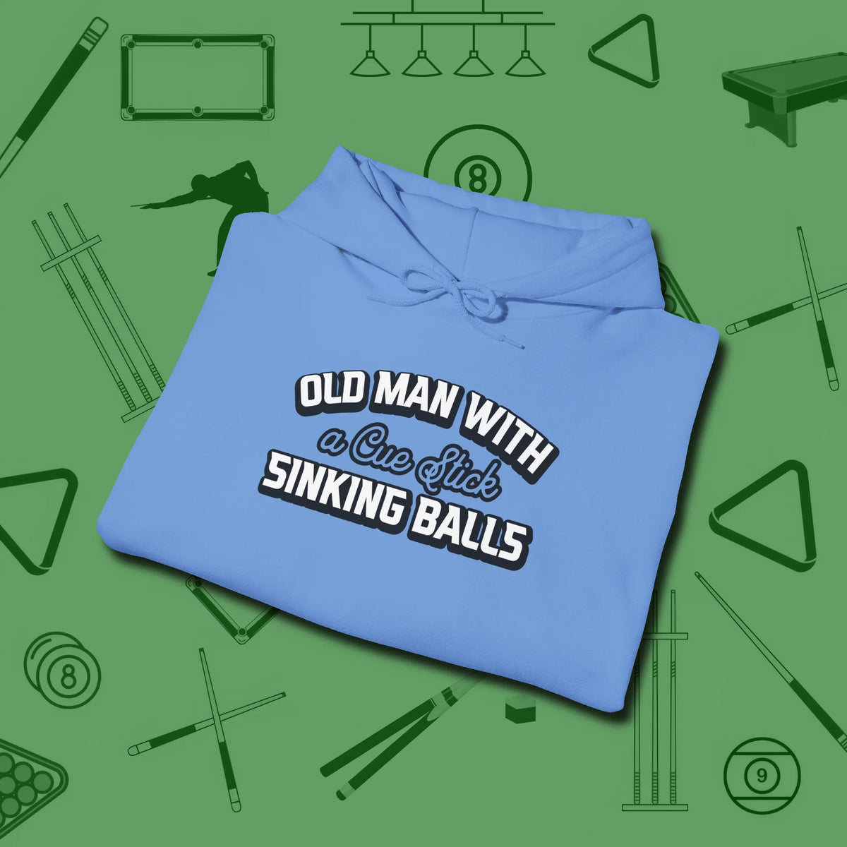 Old Man Sinking Balls Hoodie, folded view, in Carolina Blue for players who live the game