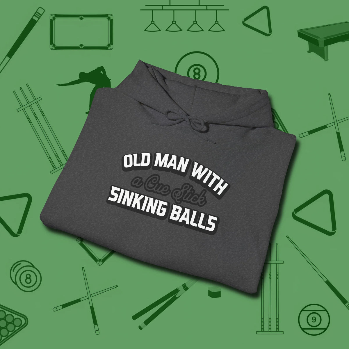 Old Man Sinking Balls Hoodie, folded view, in Dark Heather your secret weapon off the table