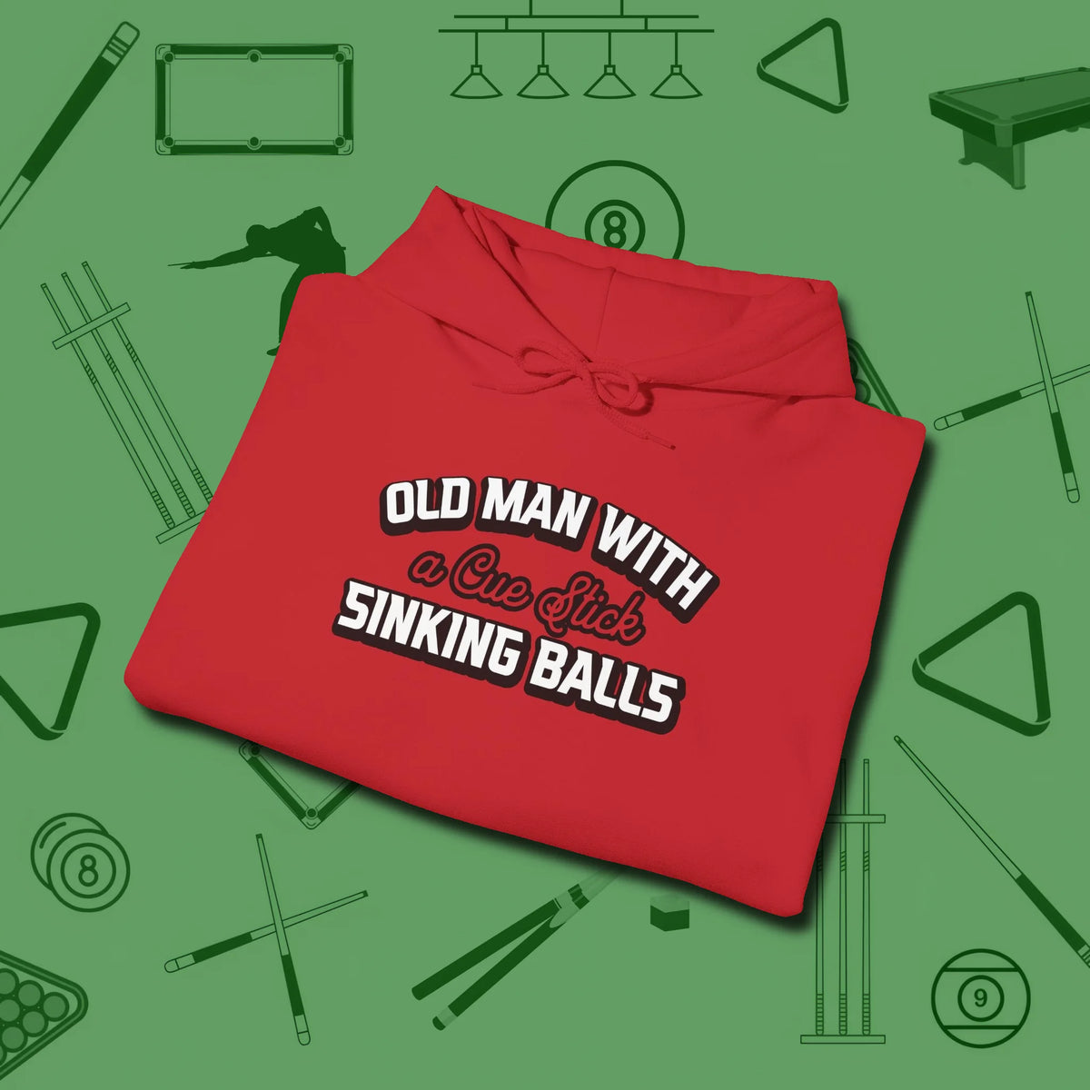 Old Man Sinking Balls Hoodie, folded view, in Red a clean fit for the dirtiest safeties