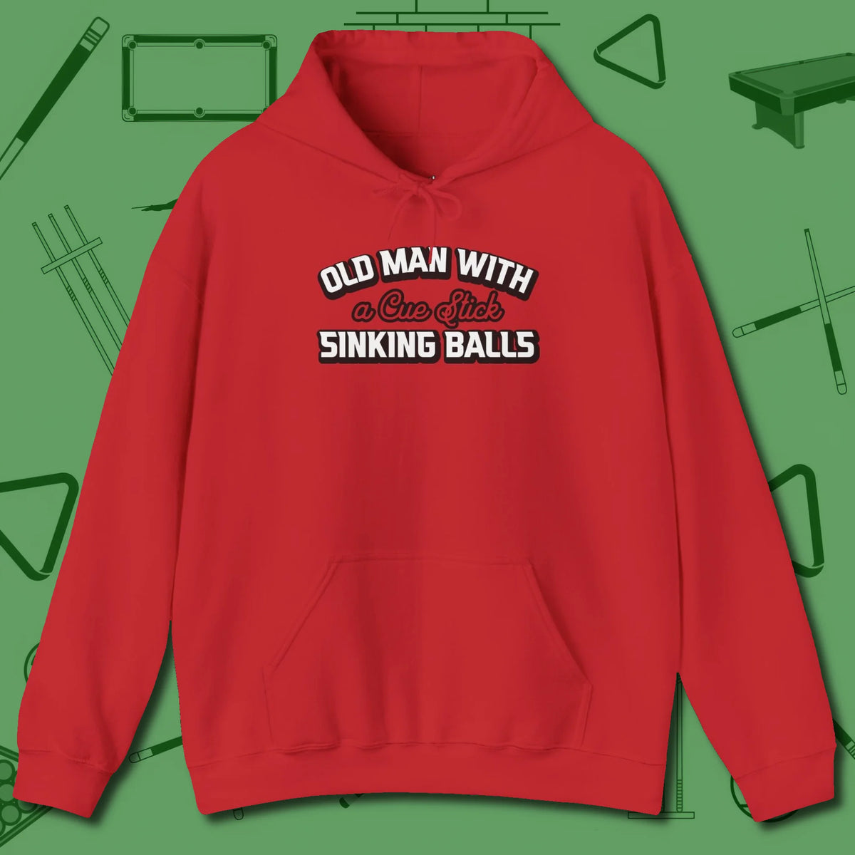 Old Man Sinking Balls Hoodie, front view, in Red styled to dominate from rack to run-out