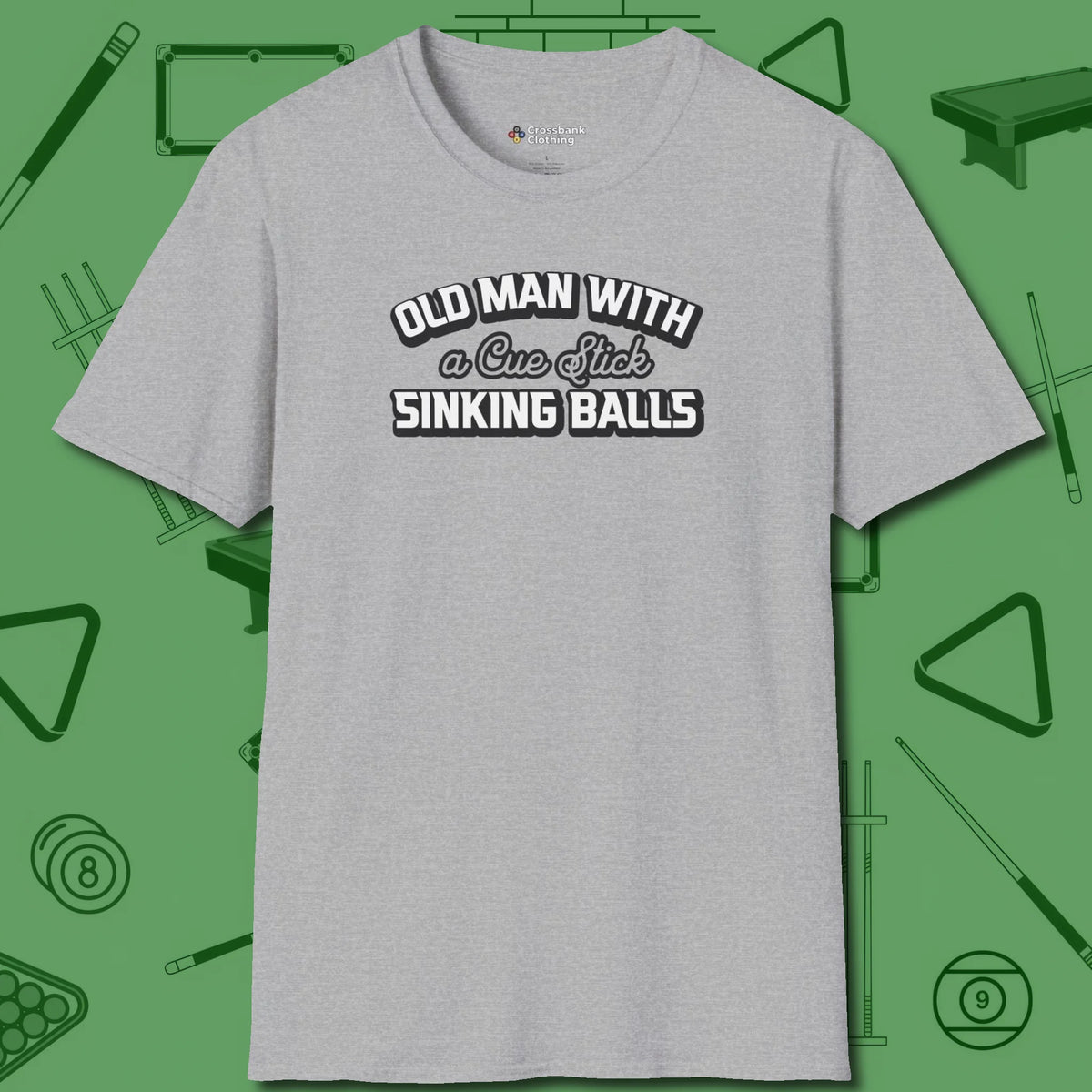 Old Man Sinking Balls T-Shirt, front view, in Sport Grey precise, confident, always in control