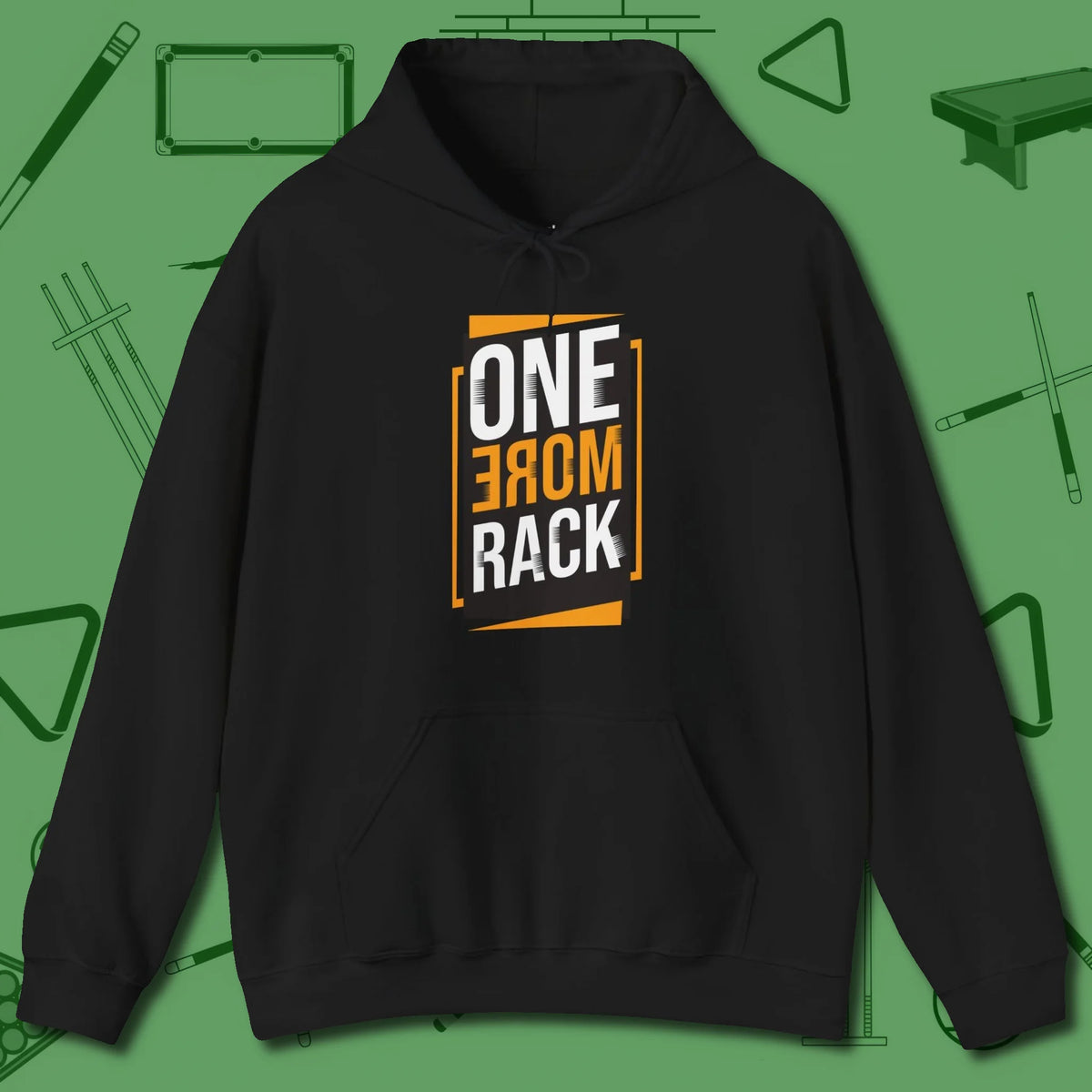 One More Rack Billiards Hoodie, front view, in Black where style and cue discipline collide