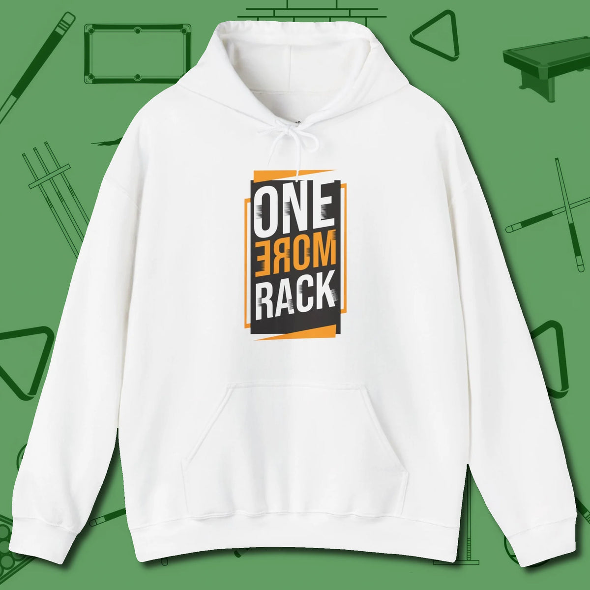 One More Rack Billiards Hoodie, front view, in White your go-to shirt for league night victories