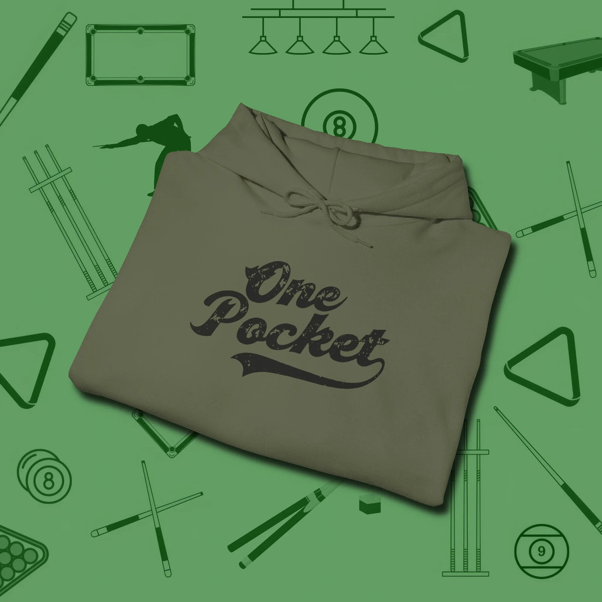 One Pocket Classic Hoodie, folded view, in Military Green cue sports swagger done right