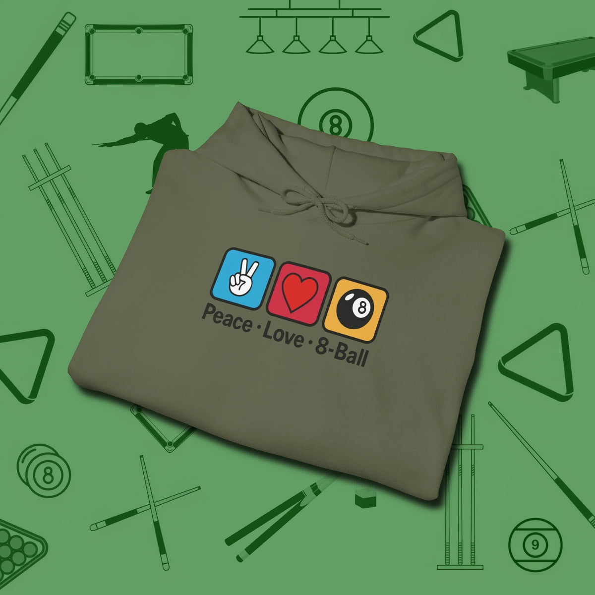 Peace Love 8-Ball Hoodie, folded view, in Military Green fashion with break-and-run energy