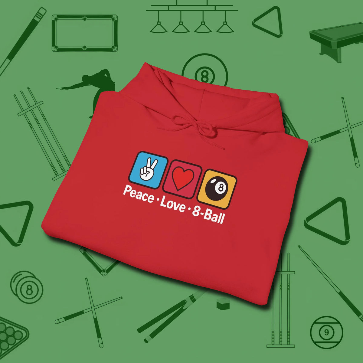 Peace Love 8-Ball Hoodie, folded view, in Red cool under pressure, hot on the eyes