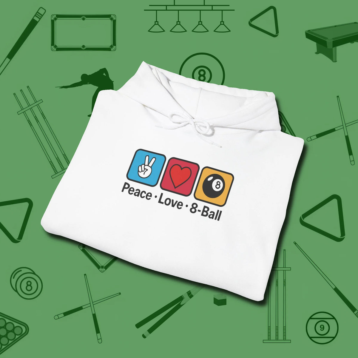 Peace Love 8-Ball Hoodie, folded view, in White your go-to shirt for league night victories