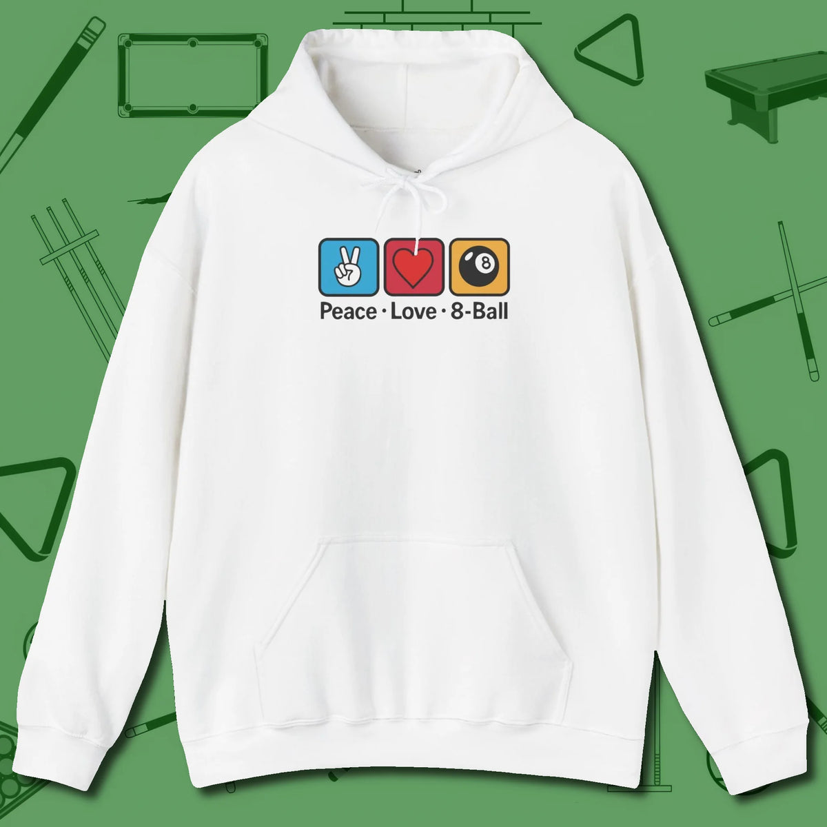 Peace Love 8-Ball Hoodie, front view, in White for hustlers who keep it honest