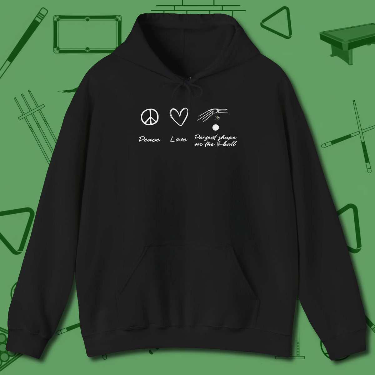 Peace Love And Perfect Shape Hoodie, front view, in Black what the real shooters wear