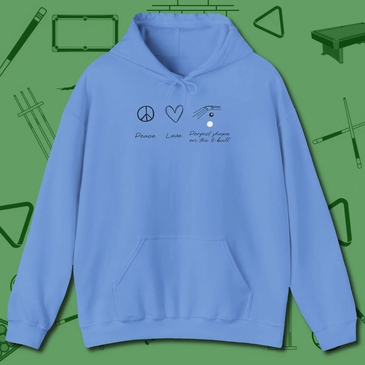 Peace Love And Perfect Shape Hoodie, front view, in Carolina Blue helps your stroke and your style