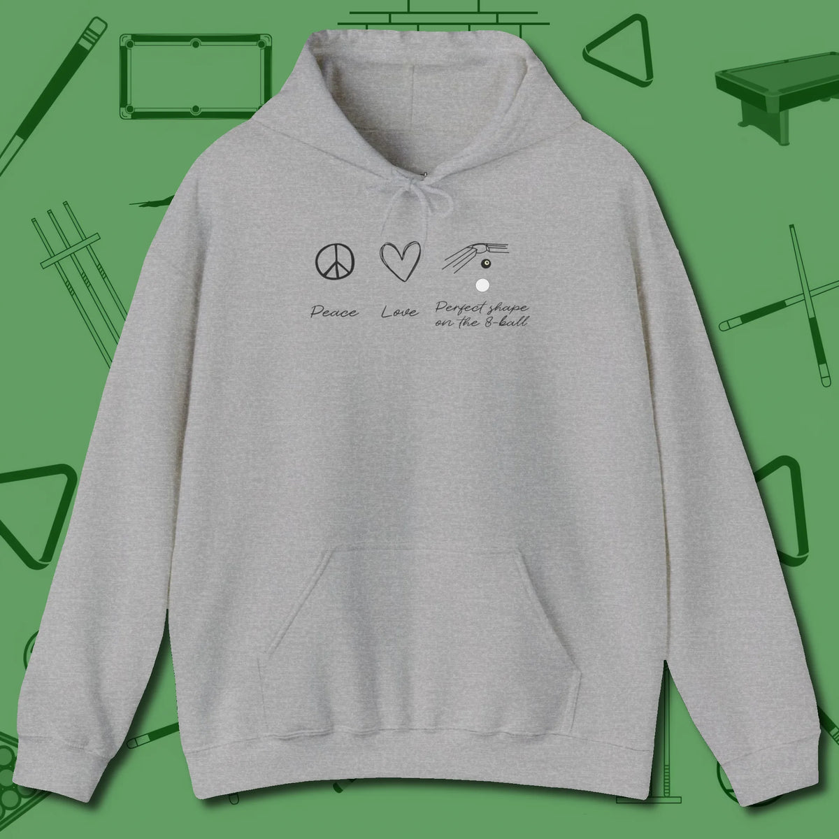 Peace Love And Perfect Shape Hoodie, front view, in Sport Grey confidence stitched in every seam