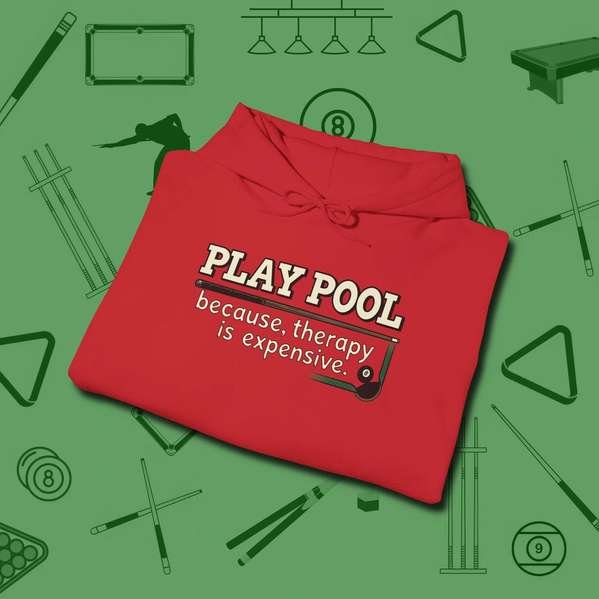 Play Therapy Hoodie, folded view, in Red because pool isn’t just a game — it’s who you are