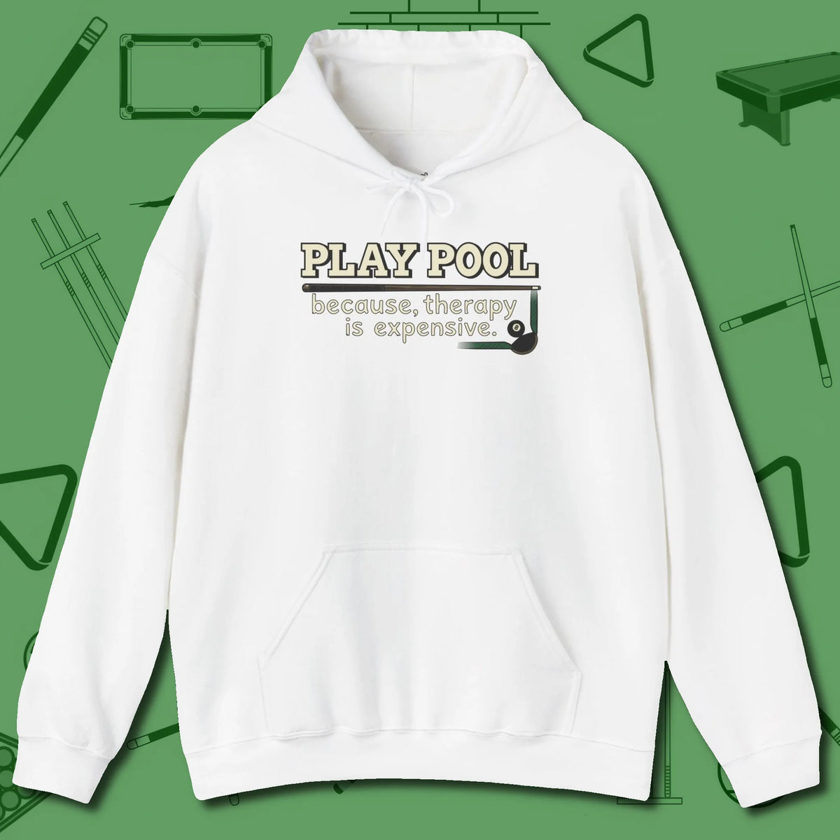 Play Therapy Hoodie, front view, in White where style and cue discipline collide