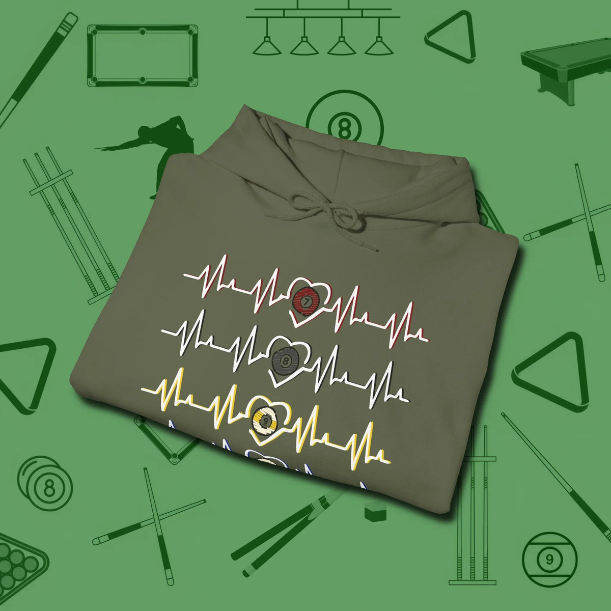 7, 8, 9, and 10 Heartbeats Hoodie, folded view, in Military Green style that banks as hard as you do