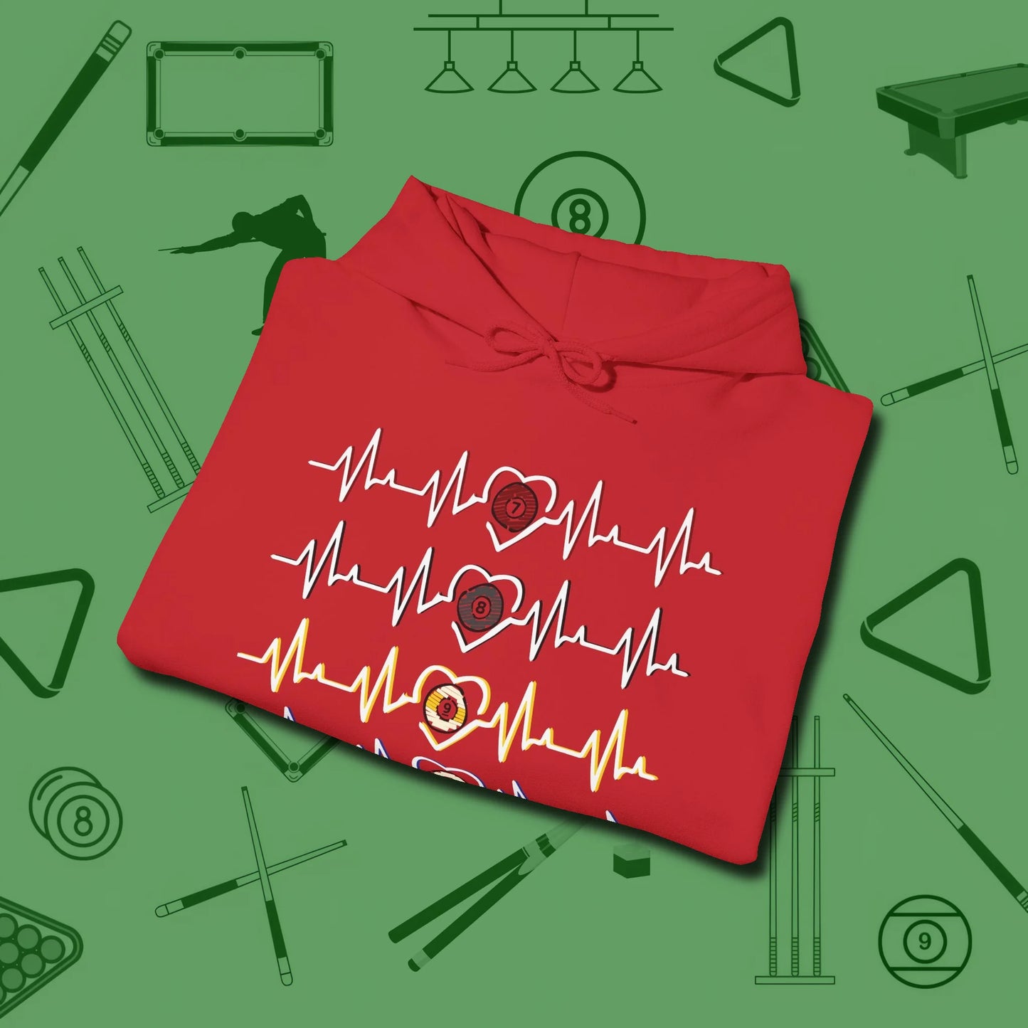 7, 8, 9, and 10 Heartbeats Hoodie, folded view, in Red where cue control meets personal style