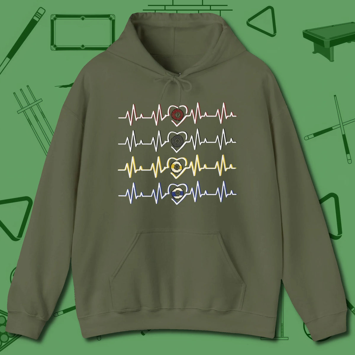 7, 8, 9, and 10 Heartbeats Hoodie, front view, in Military Green tough like your favorite break cue
