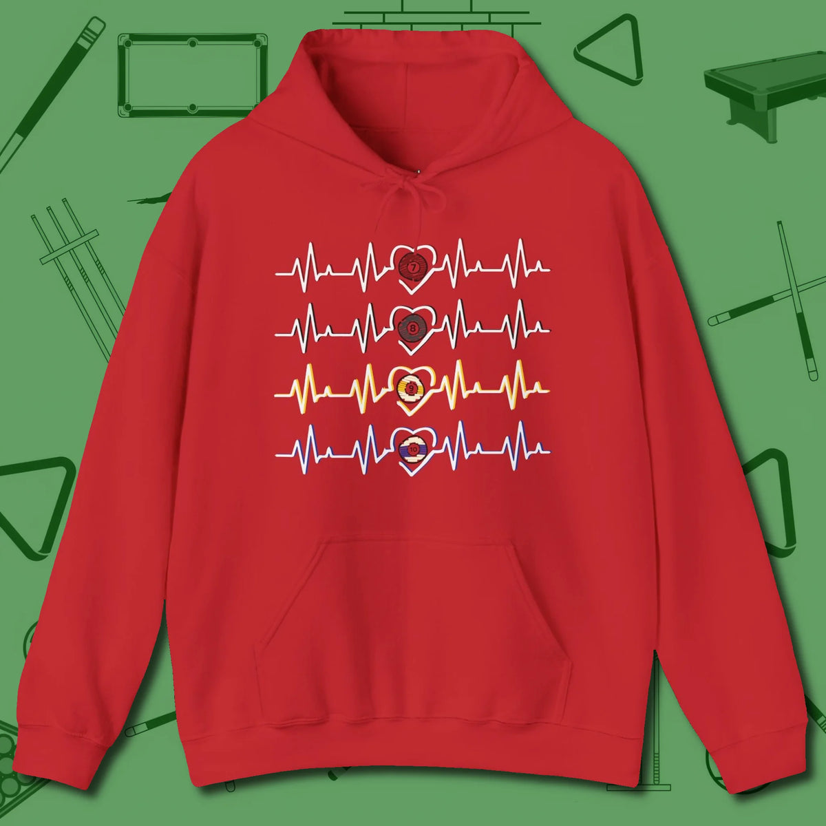 7, 8, 9, and 10 Heartbeats Hoodie, front view, in Red ideal for clean hits and clean fits