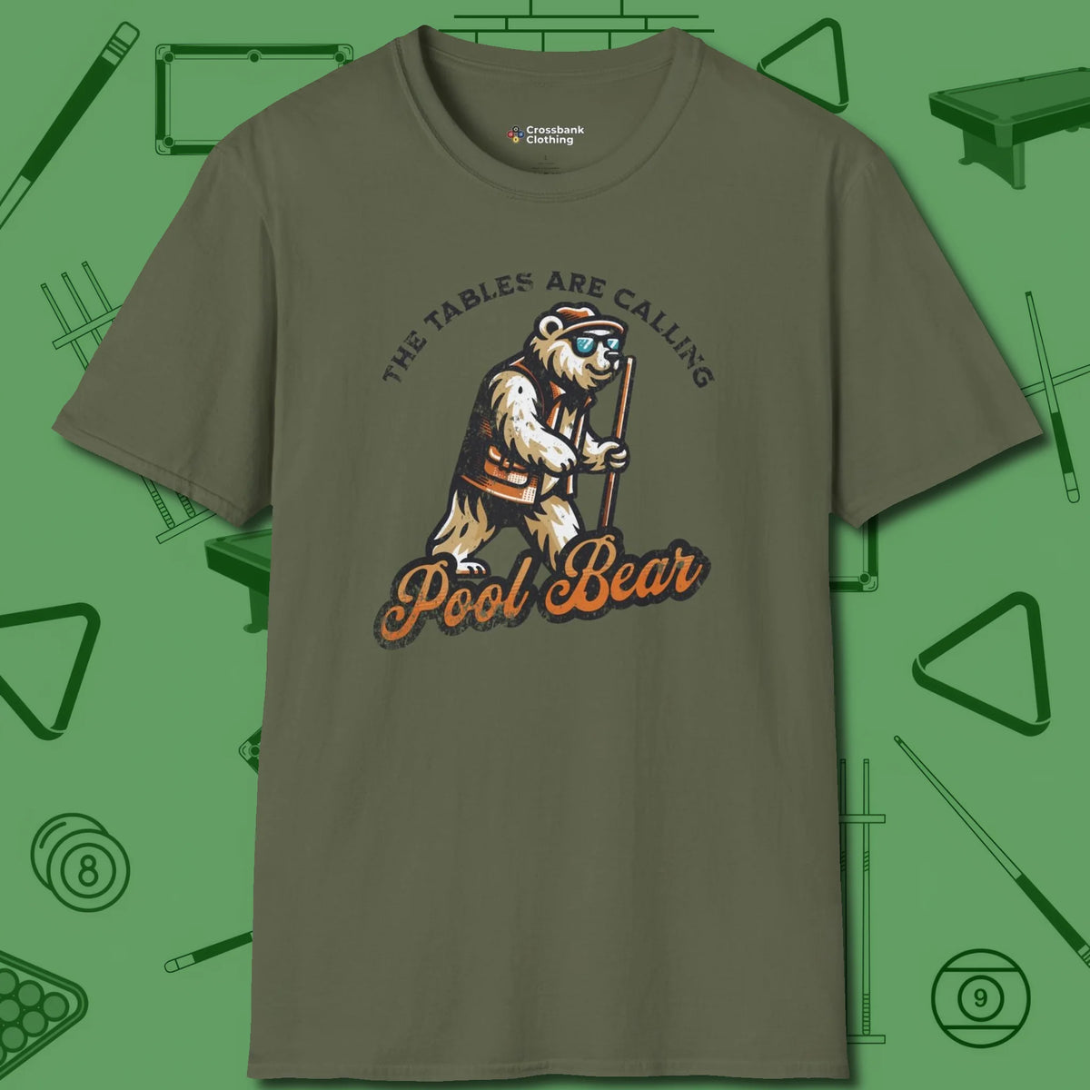 Bear T-Shirt, front view, in Military Green not your average 8-ball graphic tee