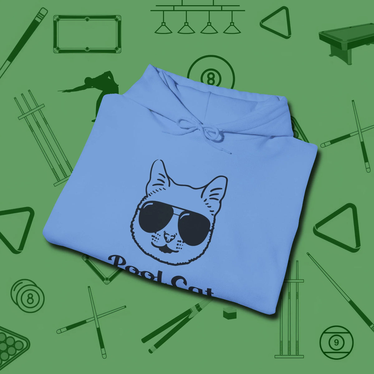 Cat Hoodie, folded view, in Carolina Blue poolroom style with tournament attitude