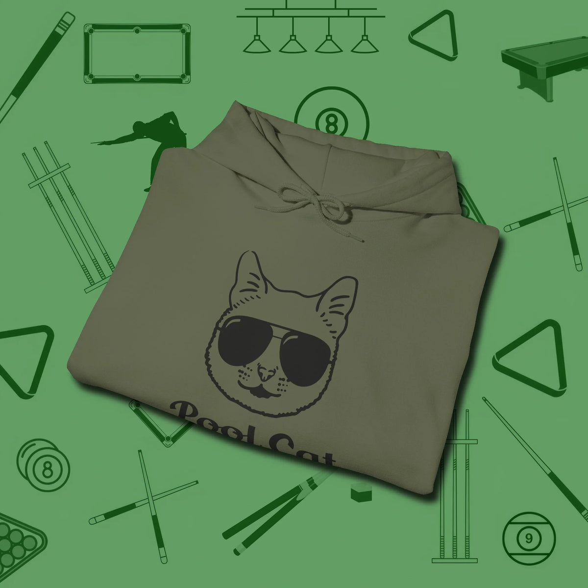 Cat Hoodie, folded view, in Military Green an extension of your pool persona