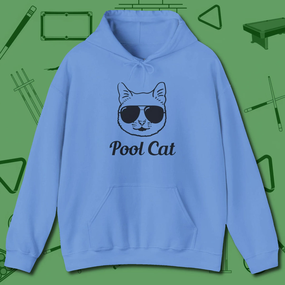 Cat Hoodie, front view, in Carolina Blue made for pool sharks, not posers