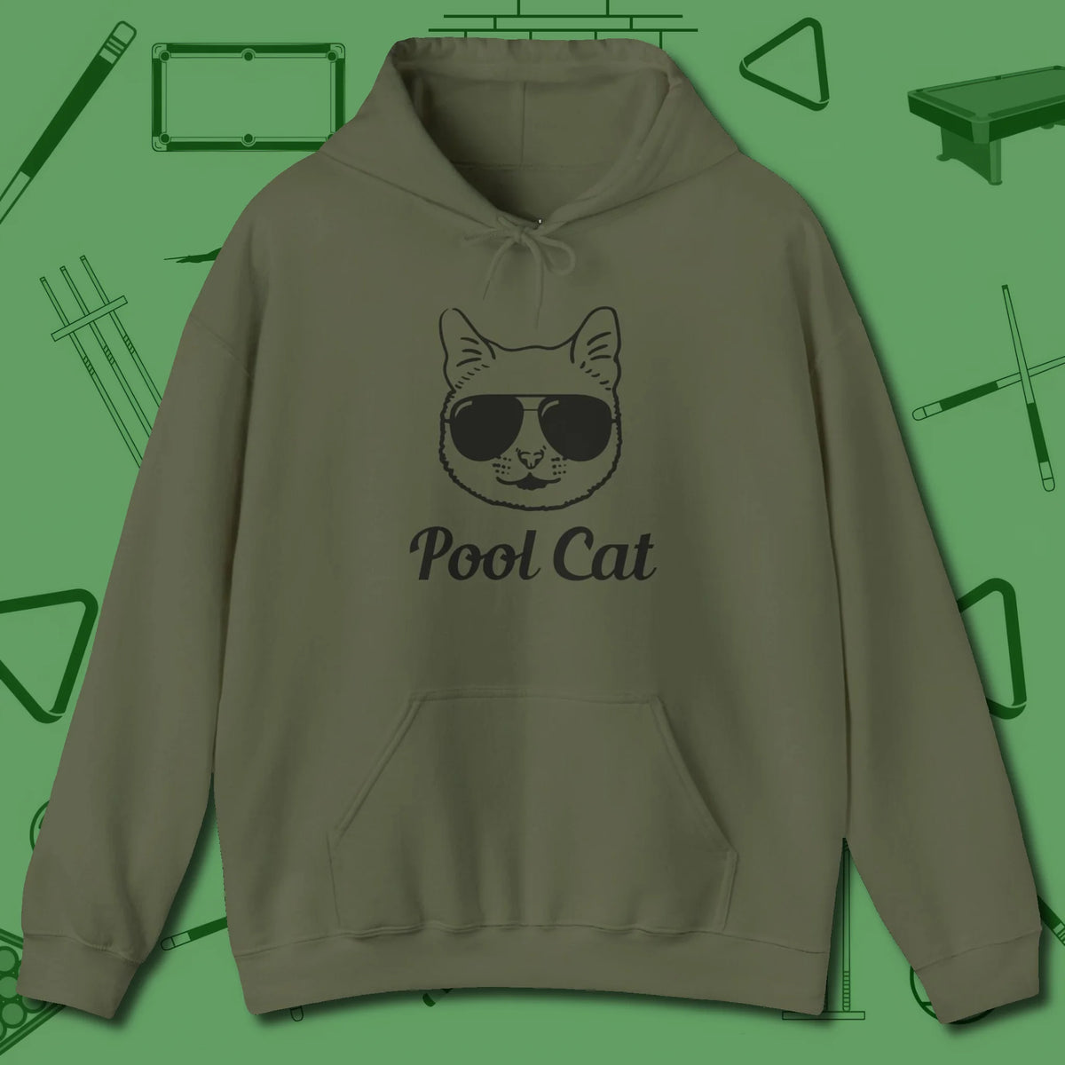 Cat Hoodie, front view, in Military Green break, run out, turn heads — repeat