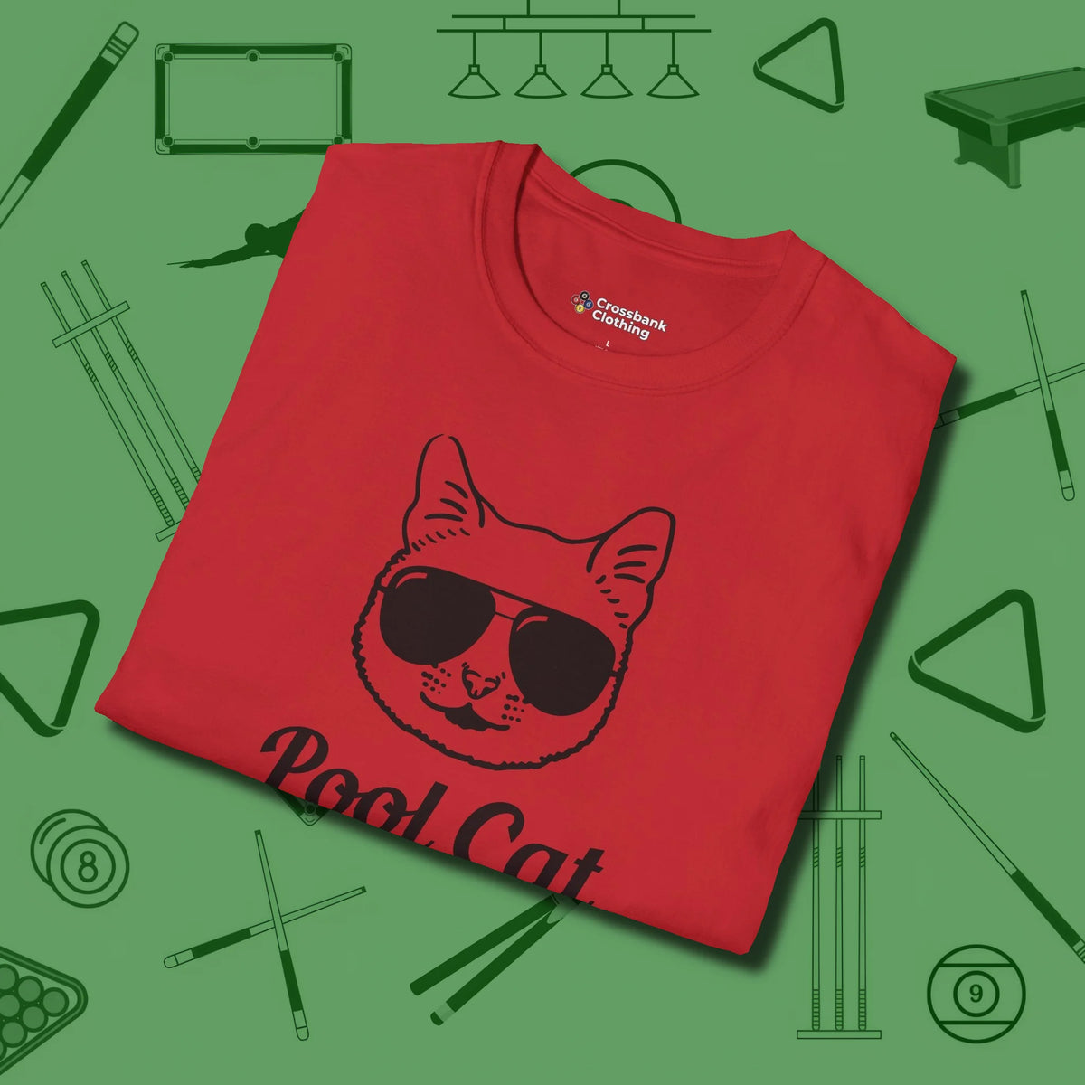 Cat T-Shirt, folded view, in Red stitched for cue discipline and cool confidence