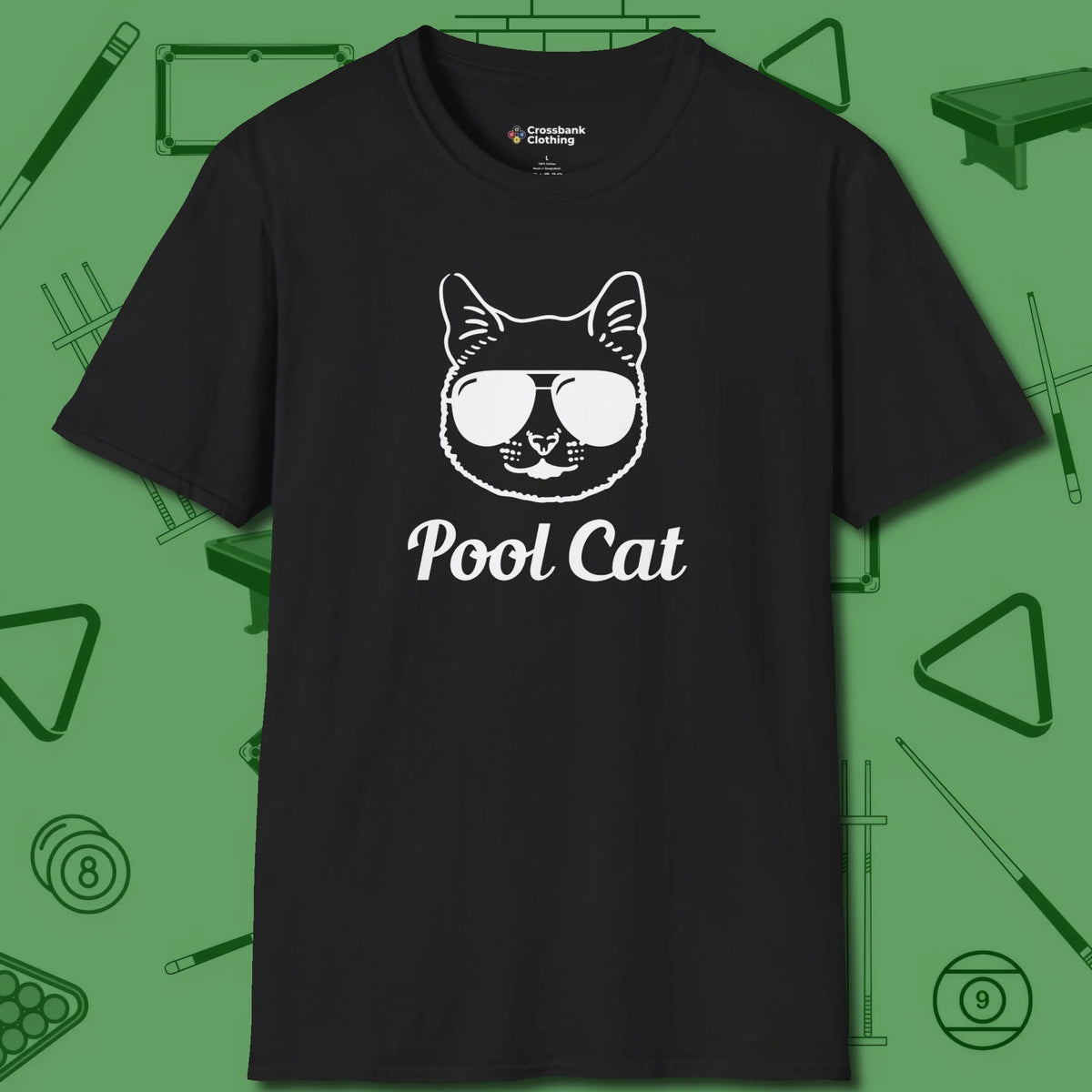 Cat T-Shirt, front view, in Black where style and cue discipline collide
