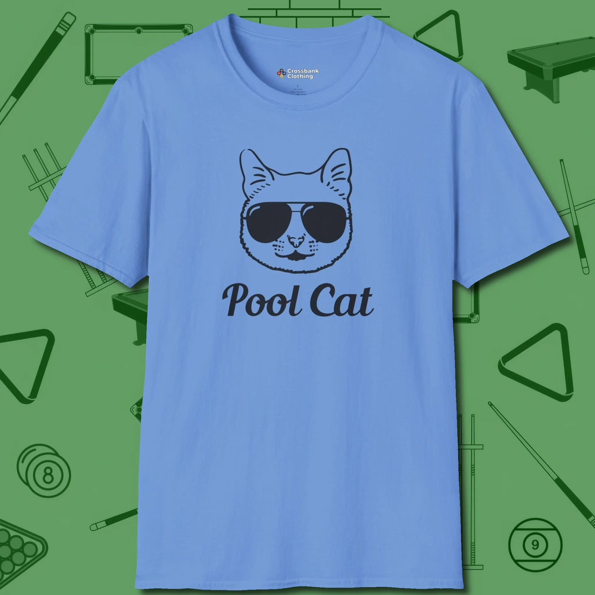 Cat T-Shirt, front view, in Carolina Blue the official uniform of the after-hours crew