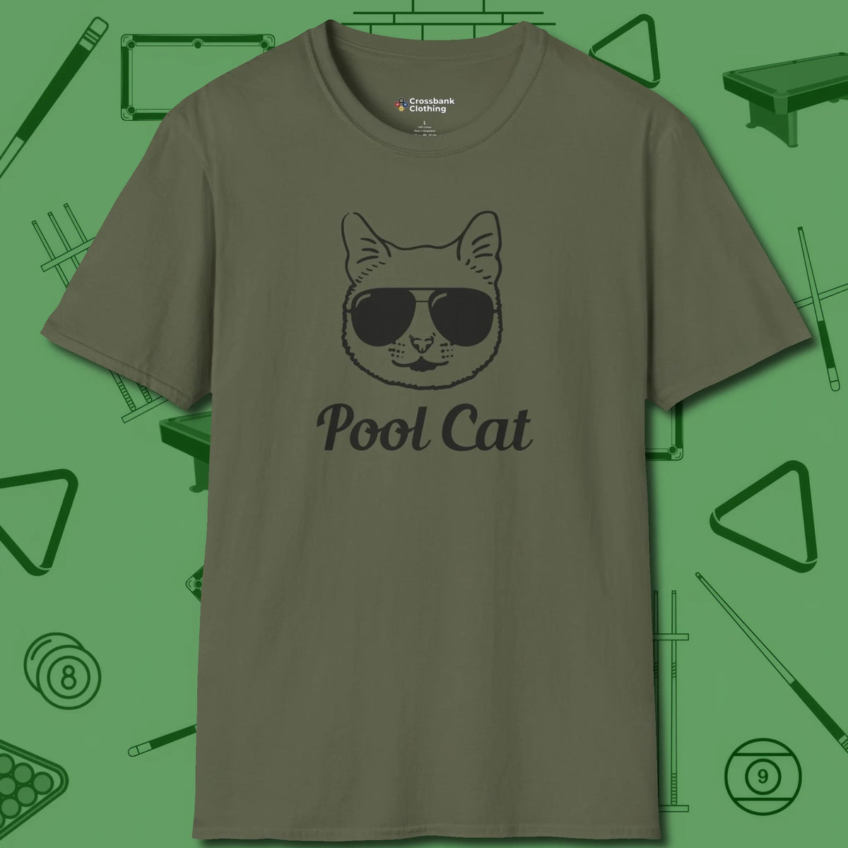 Cat T-Shirt, front view, in Military Green perfect for players with quiet fire