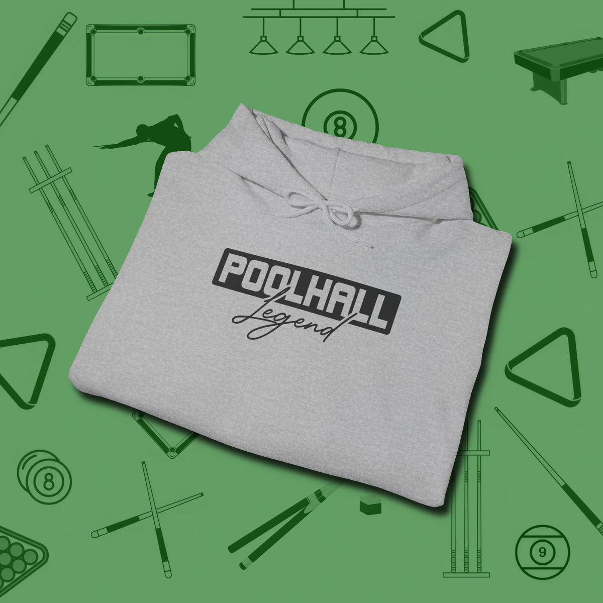 Hall Legend Hoodie, folded view, in Sport Grey cue sports swagger done right