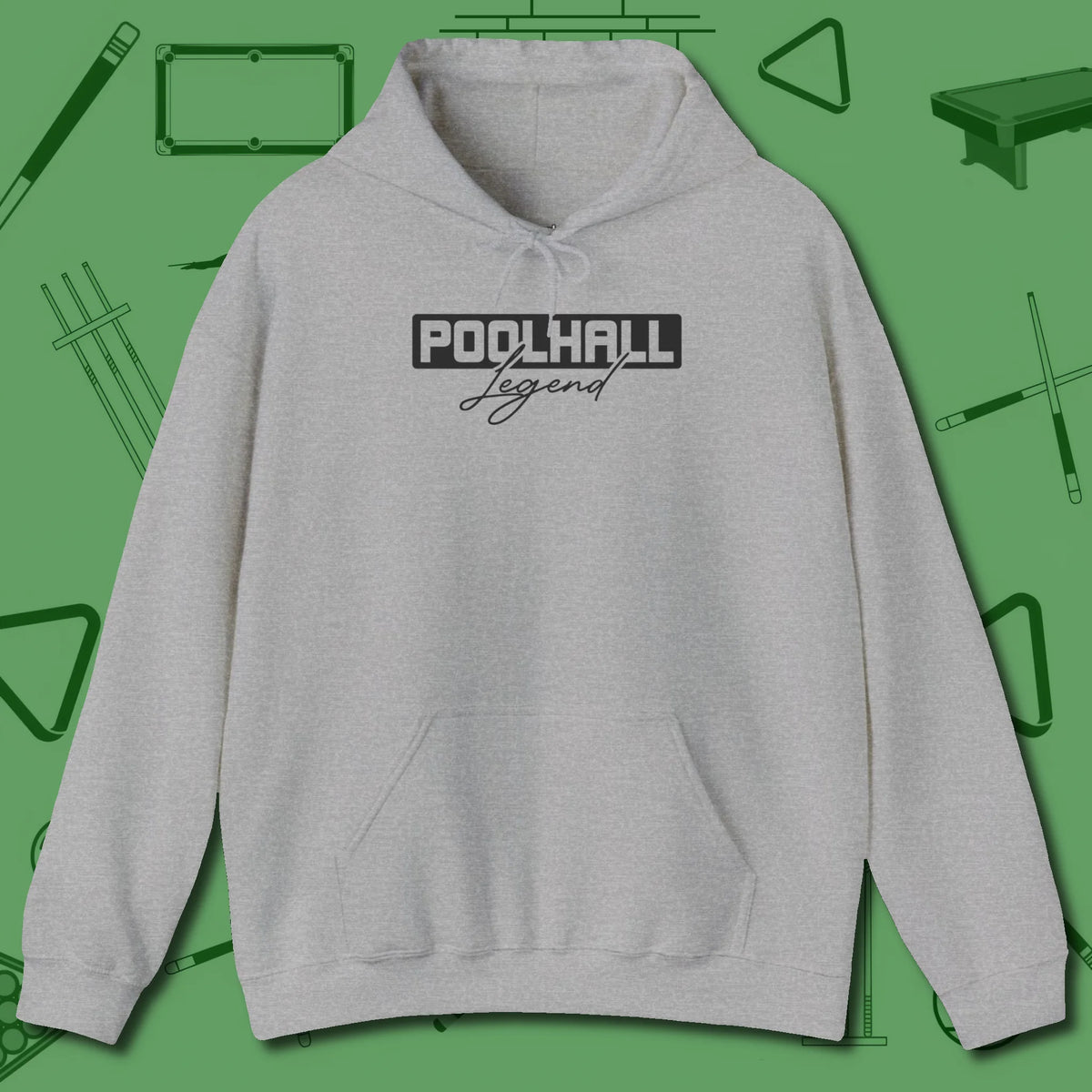 Hall Legend Hoodie, front view, in Sport Grey cool enough for a corner pocket finish